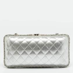 Pre Owned Chanel Chain Around Silver Quilted Leather Clutch Bag