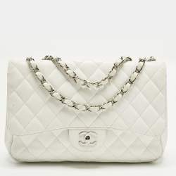 Pre Owned Chanel Classic Single Flap Jumbo White Quilted Caviar Leather Flap Bag