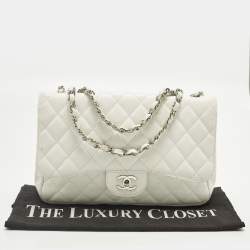 Pre Owned Chanel Classic Single Flap Jumbo White Quilted Caviar Leather Flap Bag