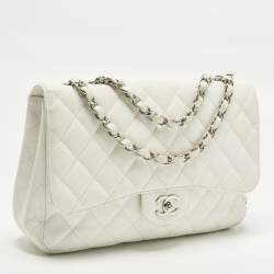 Pre Owned Chanel Classic Single Flap Jumbo White Quilted Caviar Leather Flap Bag