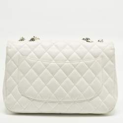 Pre Owned Chanel Classic Single Flap Jumbo White Quilted Caviar Leather Flap Bag