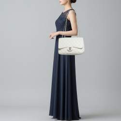 Pre Owned Chanel Classic Single Flap Jumbo White Quilted Caviar Leather Flap Bag