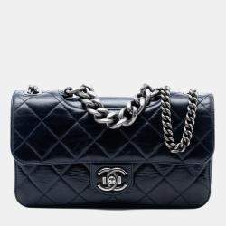 Pre Owned Chanel Blue Medium Quilted Glazed Calfskin Perfect Edge Flap