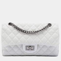 Pre Owned Chanel White Quilted Caviar Reissue 2.55 Double Flap 225