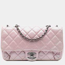 Pre Owned Chanel Pink Medium Quilted Metallic Calfskin Coco Pleats Chain Flap