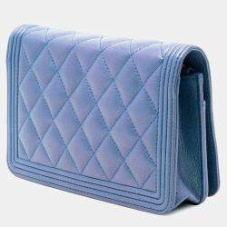Pre Owned Chanel Blue Quilted Calfskin Boy Wallet on Chain