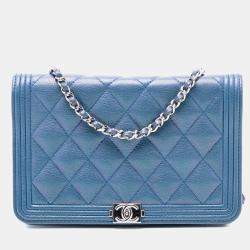 Pre Owned Chanel Blue Quilted Calfskin Boy Wallet on Chain