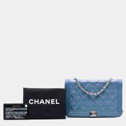 Pre Owned Chanel Blue Quilted Calfskin Boy Wallet on Chain