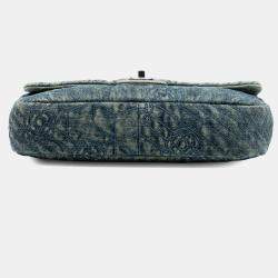 Pre Owned Chanel Blue Medium Embroidered Denim Camellia Flap