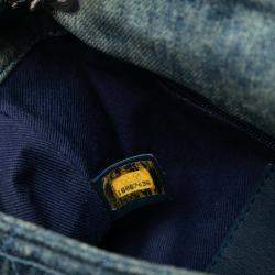 Pre Owned Chanel Blue Medium Embroidered Denim Camellia Flap