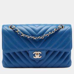 Pre Owned Chanel Blue Small Classic Chevron Lambskin Double Flap