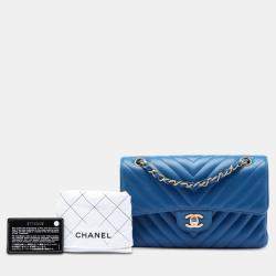 Pre Owned Chanel Blue Small Classic Chevron Lambskin Double Flap