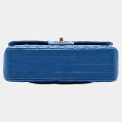 Pre Owned Chanel Blue Small Classic Chevron Lambskin Double Flap