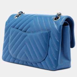 Pre Owned Chanel Blue Small Classic Chevron Lambskin Double Flap