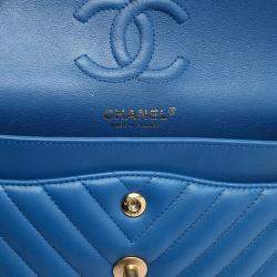 Pre Owned Chanel Blue Small Classic Chevron Lambskin Double Flap