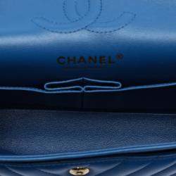 Pre Owned Chanel Blue Small Classic Chevron Lambskin Double Flap