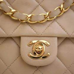 Pre Owned Chanel Beige Small Square Quilted Lambskin Flap