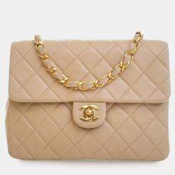 Pre Owned Chanel Beige Small Square Quilted Lambskin Flap