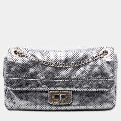 Pre Owned Chanel Silver Medium Reissue Perforated Calfskin Drill Flap