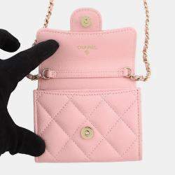 Pre Owned Chanel Matelasse Compact Chain Wallet Pink Caviar Leather