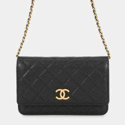 Pre Owned Chanel Chain Wallet Matelasse Black Caviar Leather