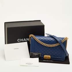Pre Owned Chanel Boy New Medium Navy Blue Quilted Leather Shoulder Bag