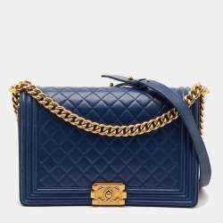 Pre Owned Chanel Boy New Medium Navy Blue Quilted Leather Shoulder Bag