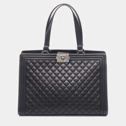 Pre Owned Chanel Boy Chanel Large Matelasse Tote Bag Leather Black