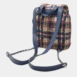 مملوكة مسبقًا Chanel Tweed Print Coco Mark Chain Shoulder Backpack Nylon Blue Pink