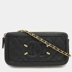 Pre Owned Chanel Cc Filigree Chain Wallet Shoulder Bag Pochette Clutch Caviar Leather Black