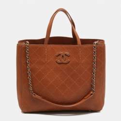 Pre Owned Chanel CC Brown Quilted Caviar Leather Shopper Tote