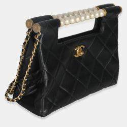Pre Owned Chanel 25P Black Shiny Quilted Lambskin Pearl Small Shopping Bag