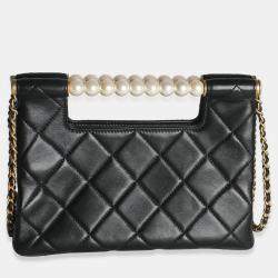 Pre Owned Chanel 25P Black Shiny Quilted Lambskin Pearl Small Shopping Bag