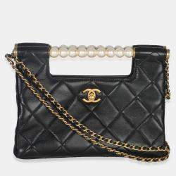 Pre Owned Chanel 25P Black Shiny Quilted Lambskin Pearl Small Shopping Bag
