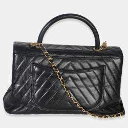 Pre Owned Chanel Black Chevron Aged Calfskin Large Coco Top Handle Bag