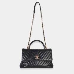 Pre Owned Chanel Black Chevron Aged Calfskin Large Coco Top Handle Bag