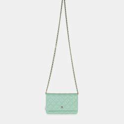 Pre Owned Chanel Light Green Quilted Caviar Classic Wallet On Chain