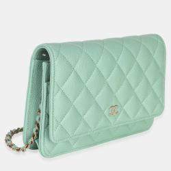 Pre Owned Chanel Light Green Quilted Caviar Classic Wallet On Chain