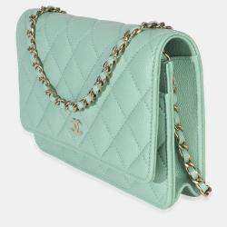 Pre Owned Chanel Light Green Quilted Caviar Classic Wallet On Chain