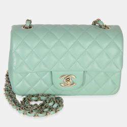 Pre Owned Chanel Light Green Quilted Lambskin Mini Rectangular Flap Bag
