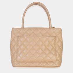 Pre Owned Chanel Beige Quilted Caviar Medallion Tote