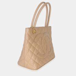 Pre Owned Chanel Beige Quilted Caviar Medallion Tote
