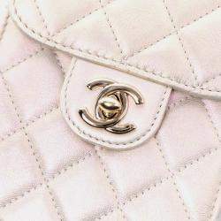 Pre Owned Chanel White CC Quilted Iridescent Lambskin Phone Holder with Chain