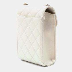 Pre Owned Chanel White CC Quilted Iridescent Lambskin Phone Holder with Chain
