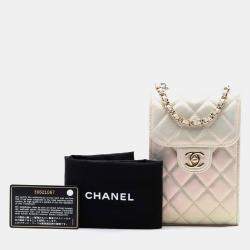 Pre Owned Chanel White CC Quilted Iridescent Lambskin Phone Holder with Chain