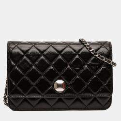 Pre Owned Chanel Black CC Quilted Crinkled Patent Wallet On Chain