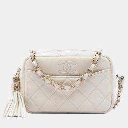 Pre Owned Chanel White Mini Quilted Caviar Coco Tassel Camera Case