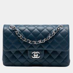 Pre Owned Chanel Blue Small Classic Lambskin Double Flap