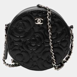 Pre Owned Chanel Black Goatskin Camellia Round Clutch with Chain