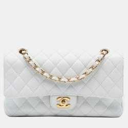 Pre Owned Chanel White Medium Classic Caviar Double Flap